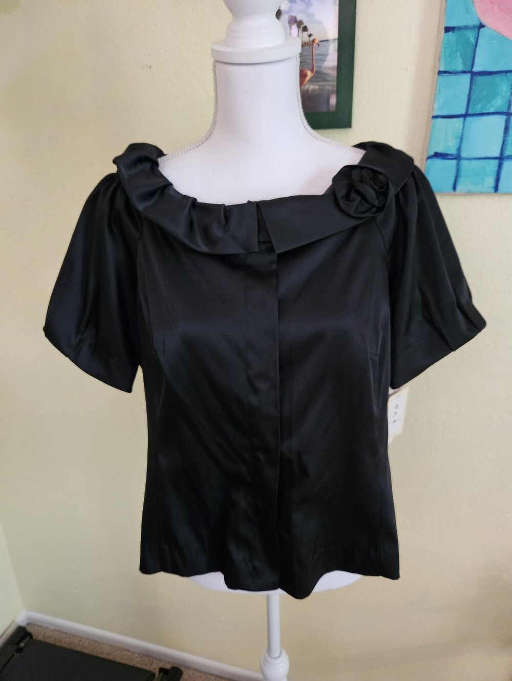 ECI Women's Black Satin Short Sleeve Top with Decorative Removable Collar Sz 16